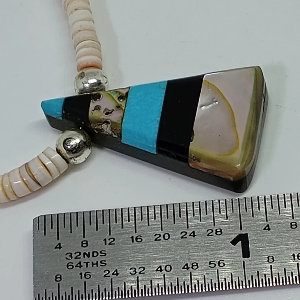* vintage Navajo heishi oyster shell & stone inlay necklace 21" - Picture 2 of 6